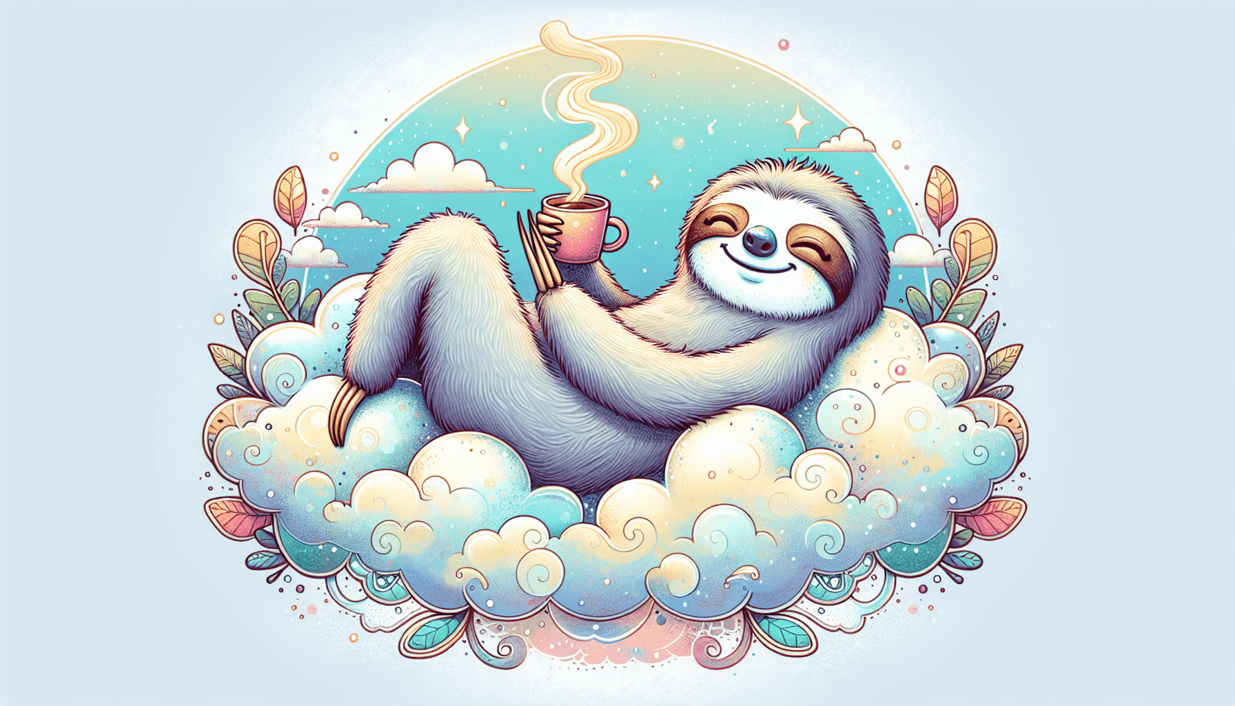 "Whimsical sloth sipping coffee on a cloud"