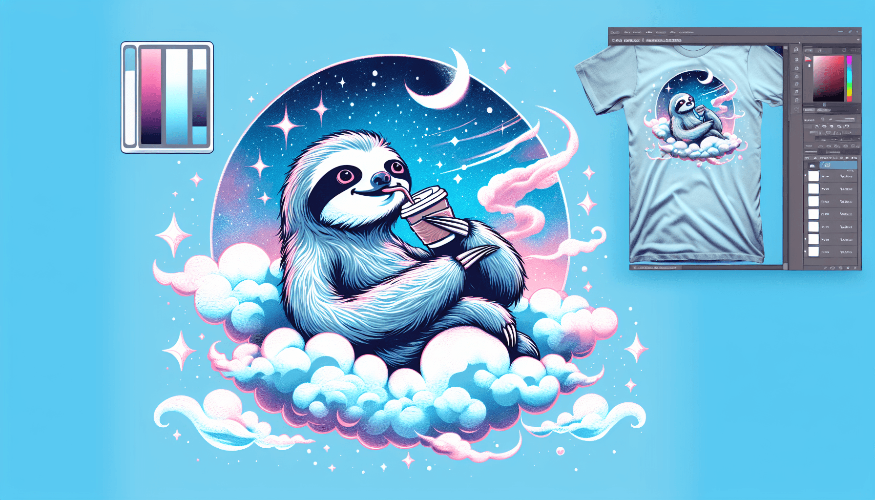 "Whimsical sloth sipping coffee on a cloud"
