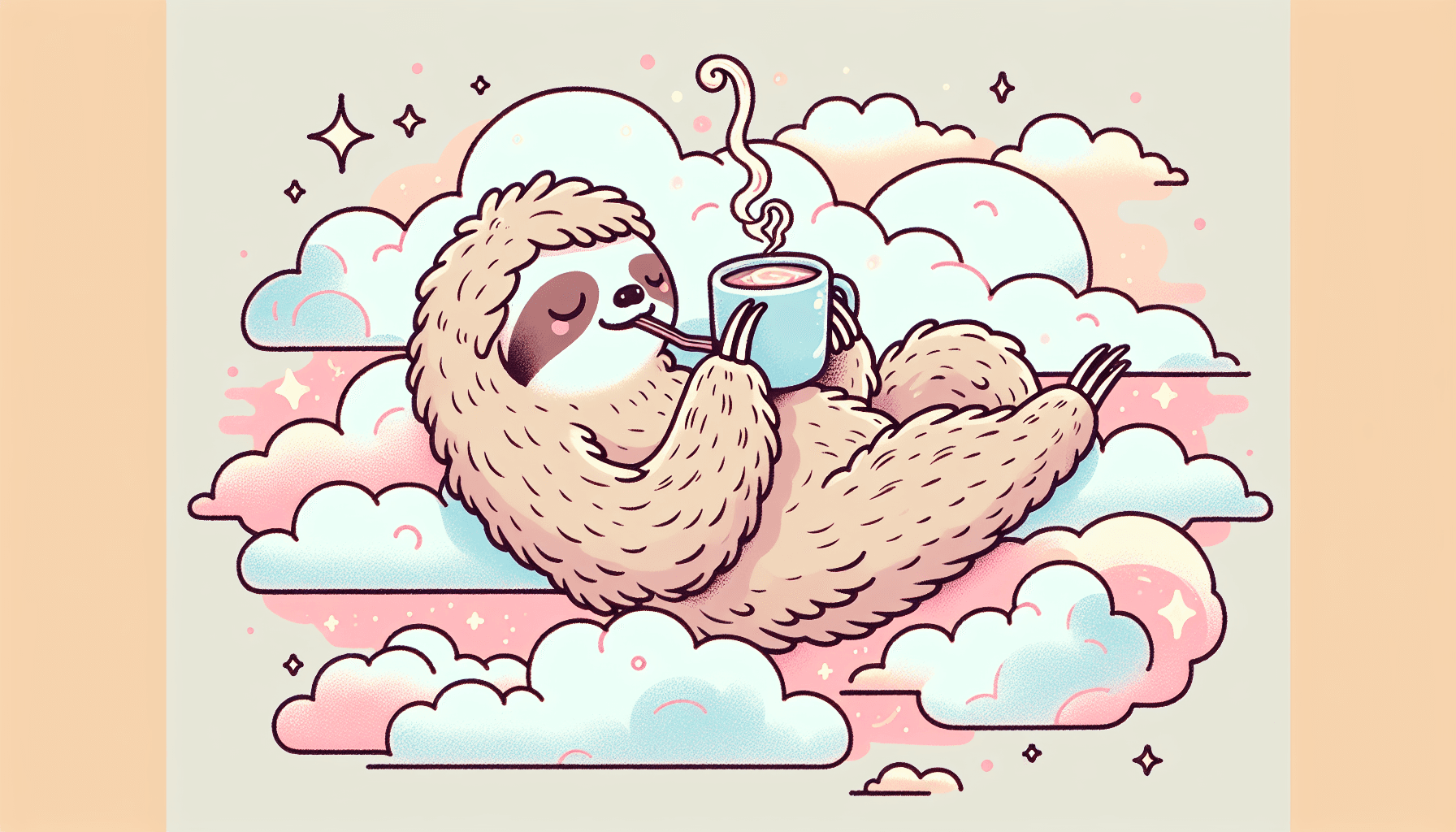 "Whimsical sloth sipping coffee on a cloud"