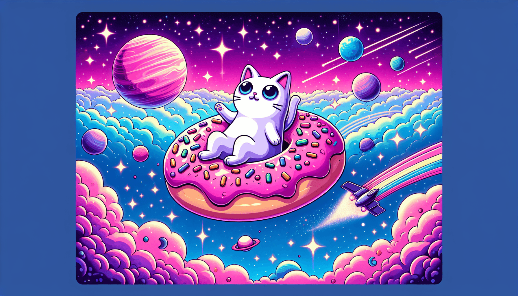 "Whimsical cat floating on a donut in space"