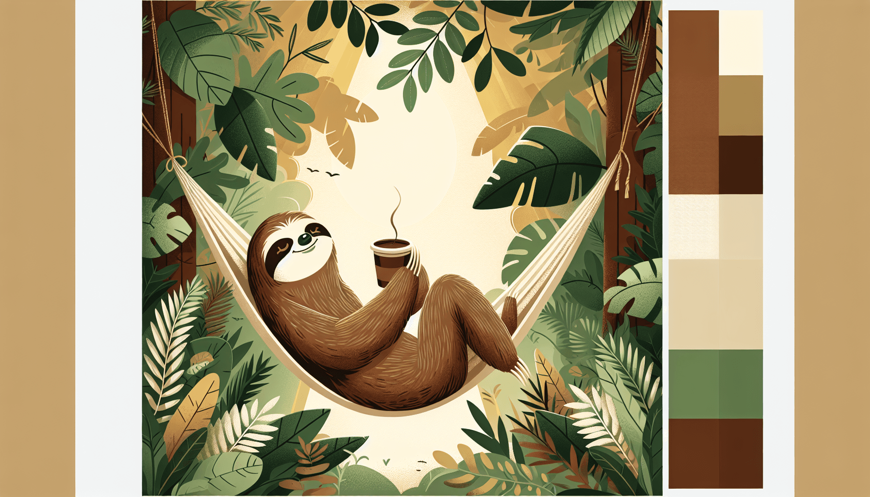 "Charming sloth sipping coffee in a hammock"