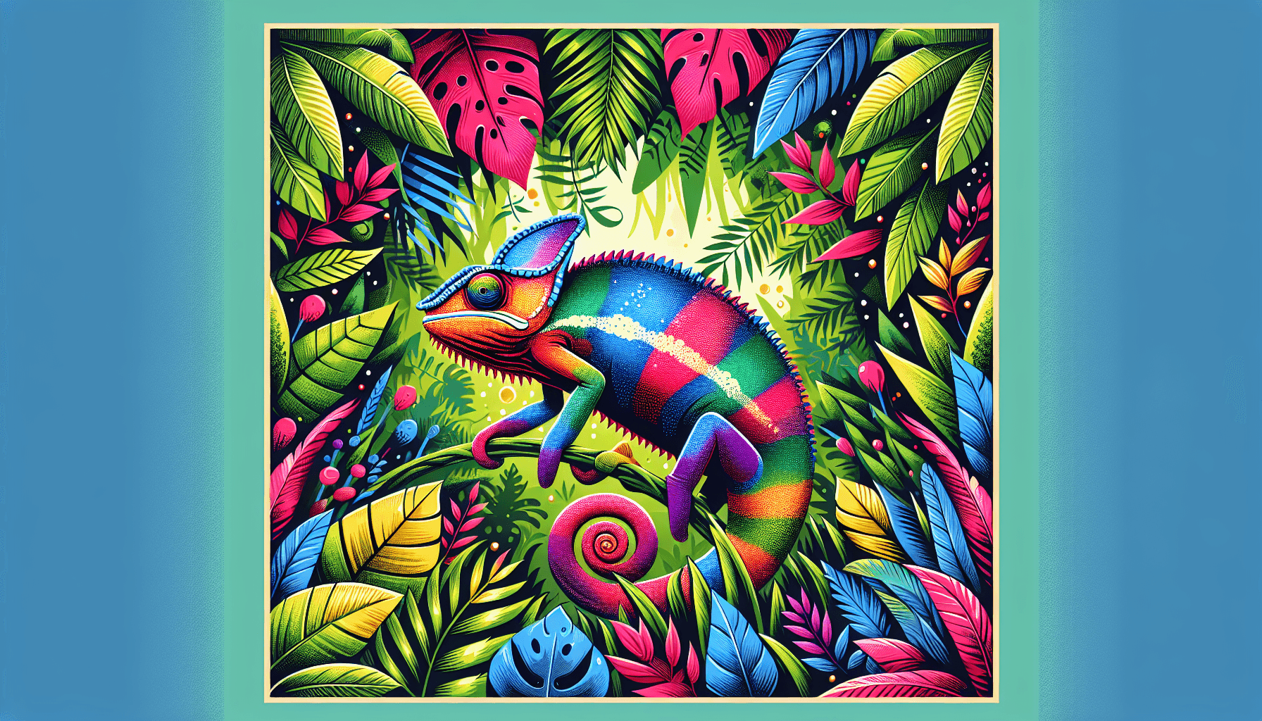 "Colorful chameleon blending into a vibrant jungle"