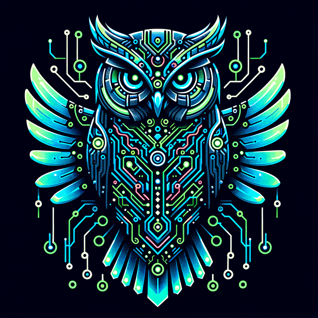 "Futuristic cybernetic owl with neon circuitry"