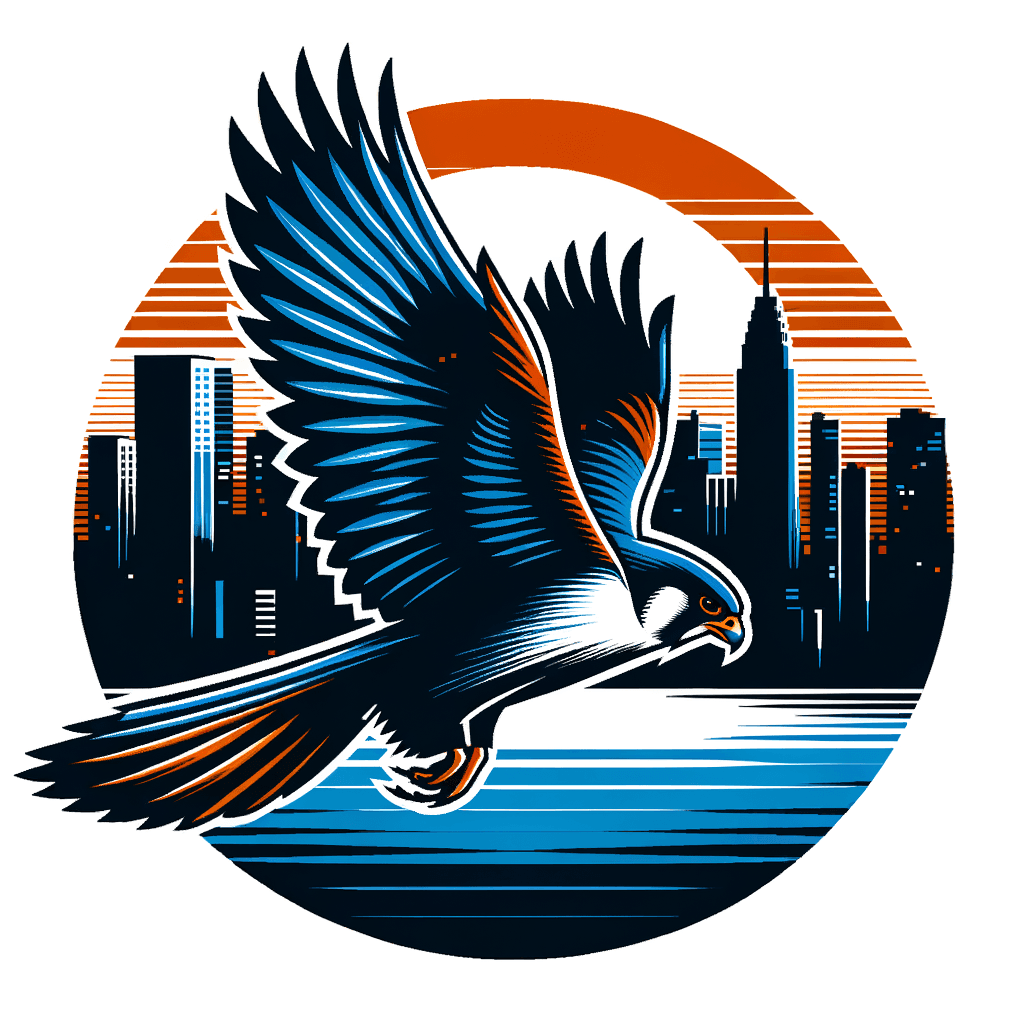 "Bold falcon with urban skyline backdrop"