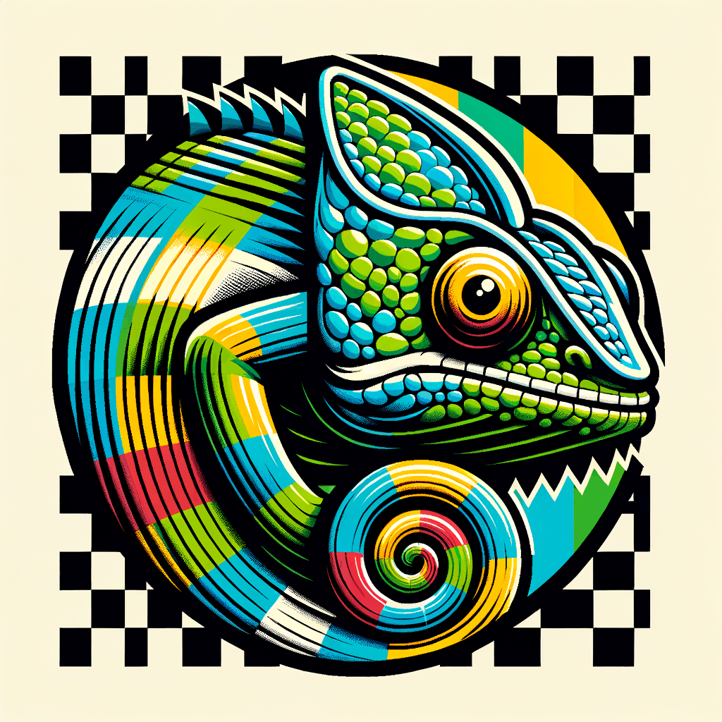 "Colorful chameleon blending into retro checkerboard"