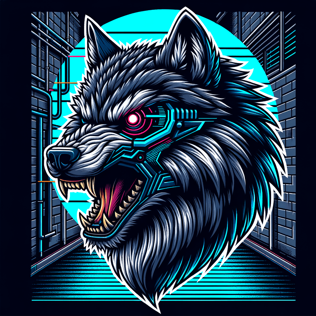"Snarling wolf with cybernetic eye in urban alley"