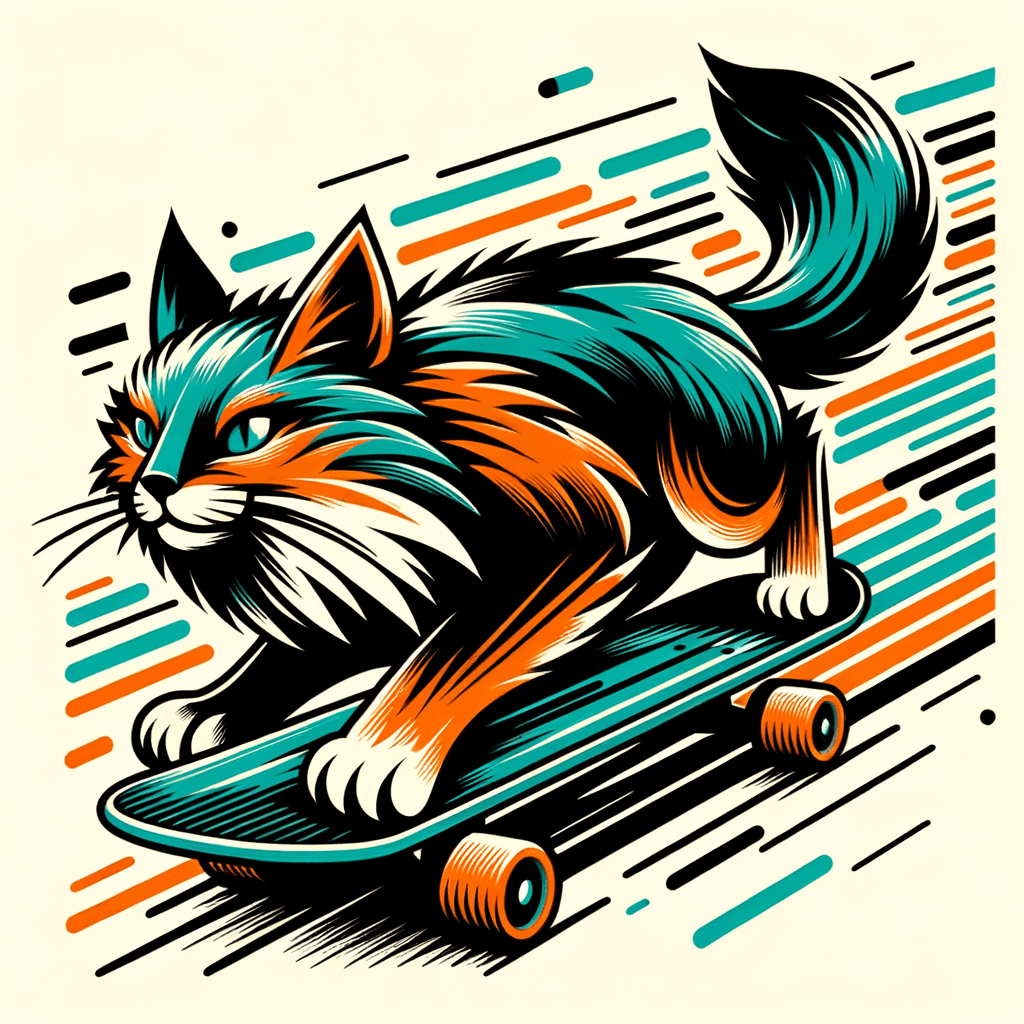 "Bold vintage skateboard cat shredding a cityscape"