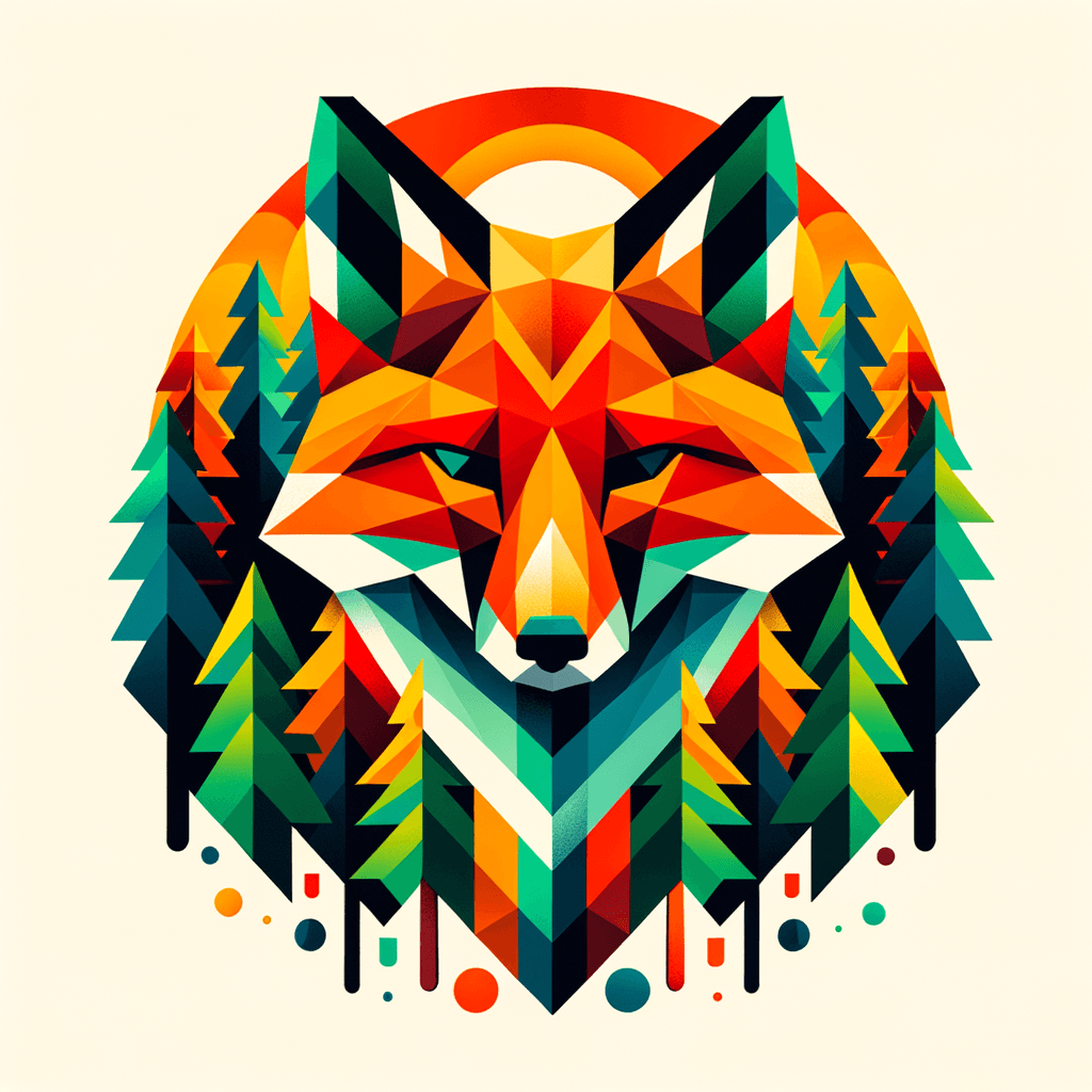 "Bold geometric fox in a vibrant forest"