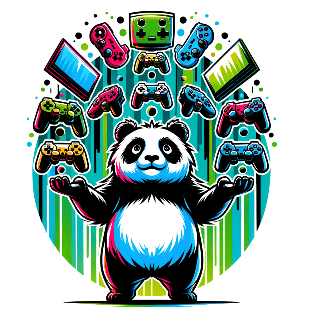 "Bold cartoon panda juggling video game consoles"