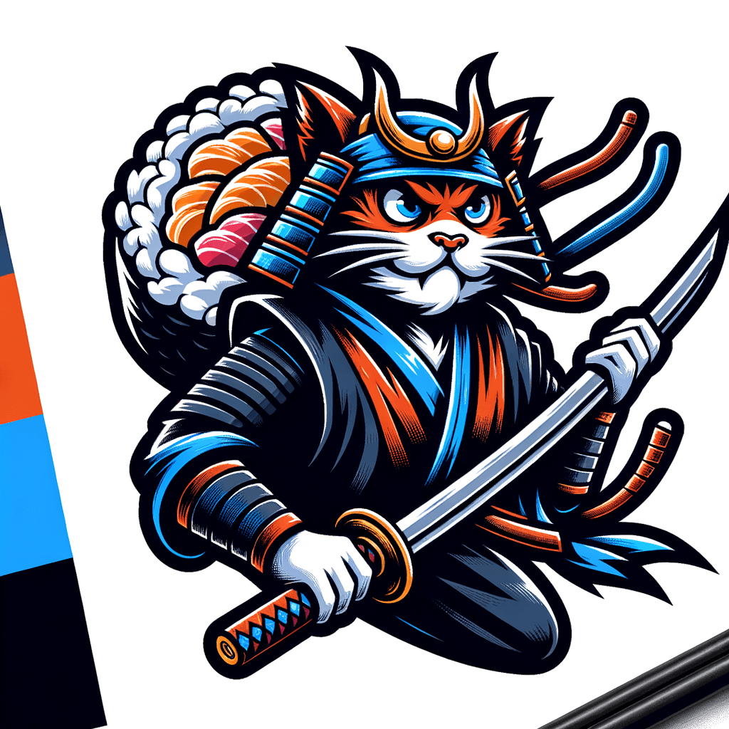 "Bold samurai cat wielding a sushi sword"