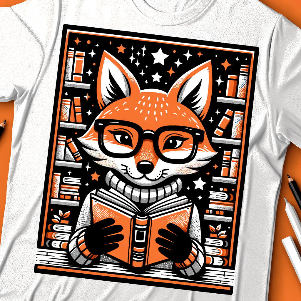 "Whimsical fox in oversized glasses reading a book"