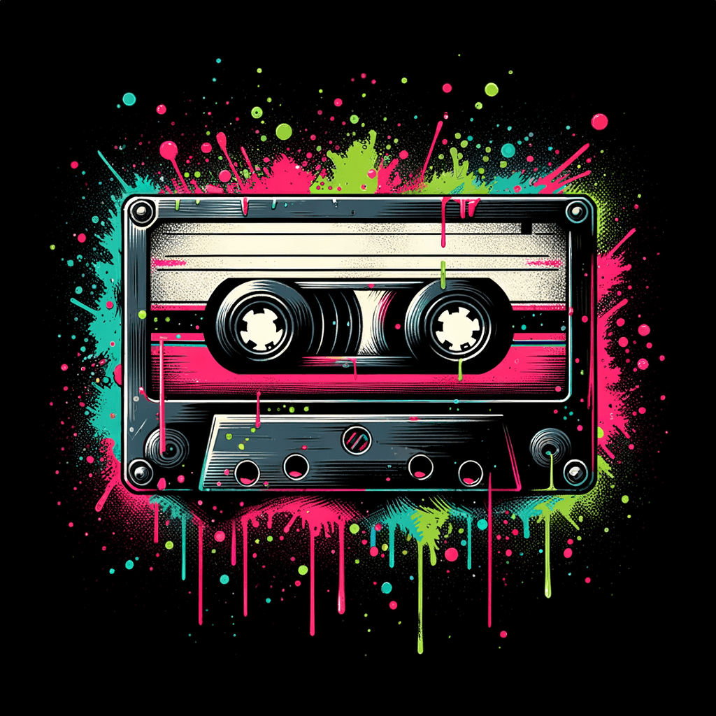 "Vintage cassette tape splattered with neon paint"