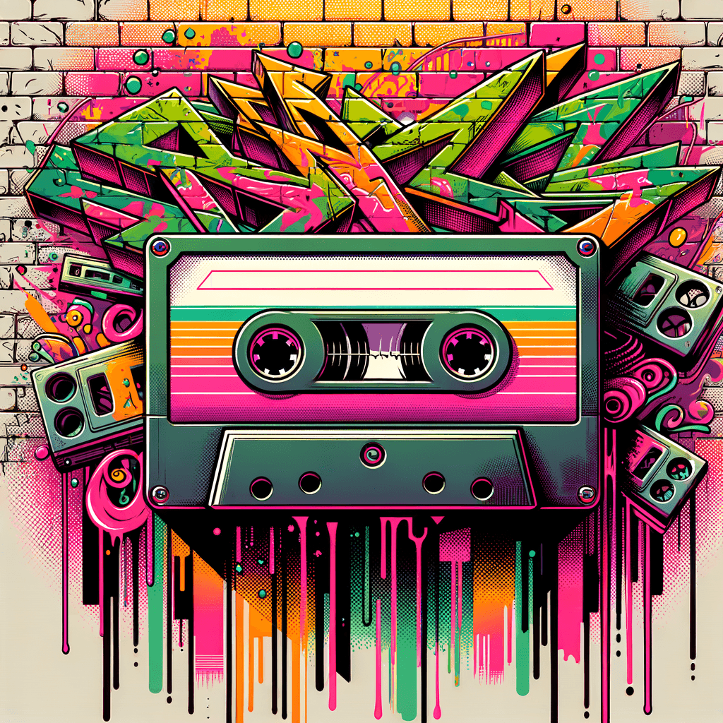"Retro cassette tape slung on vibrant graffiti wall"
